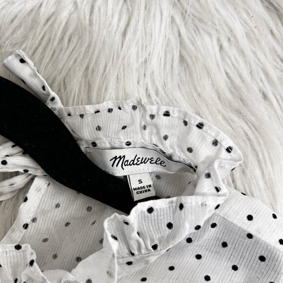 MADEWELL Women’s Mock Neck Ruffle Top in Flocked Dot White Black Polka Dot Sz S - Picture 8 of 11